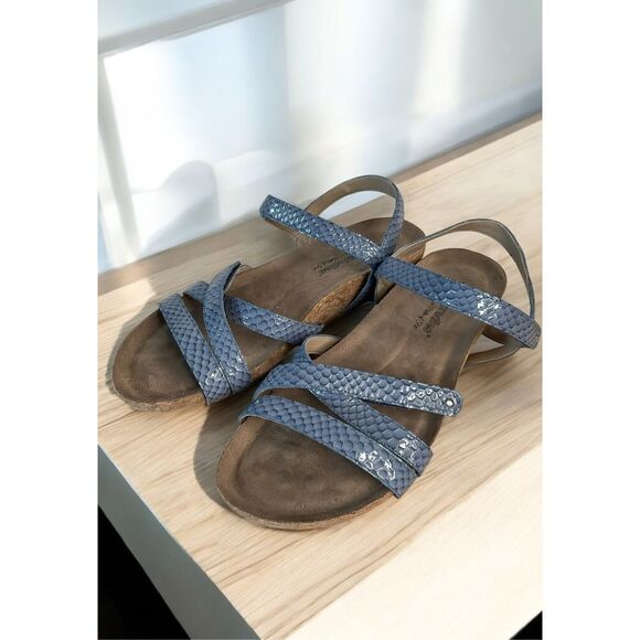 Walking Cradles Sandals Women’s 10M Blue Snake‎  Leather Cork Low Wedge Strappy - Picture 1 of 11
